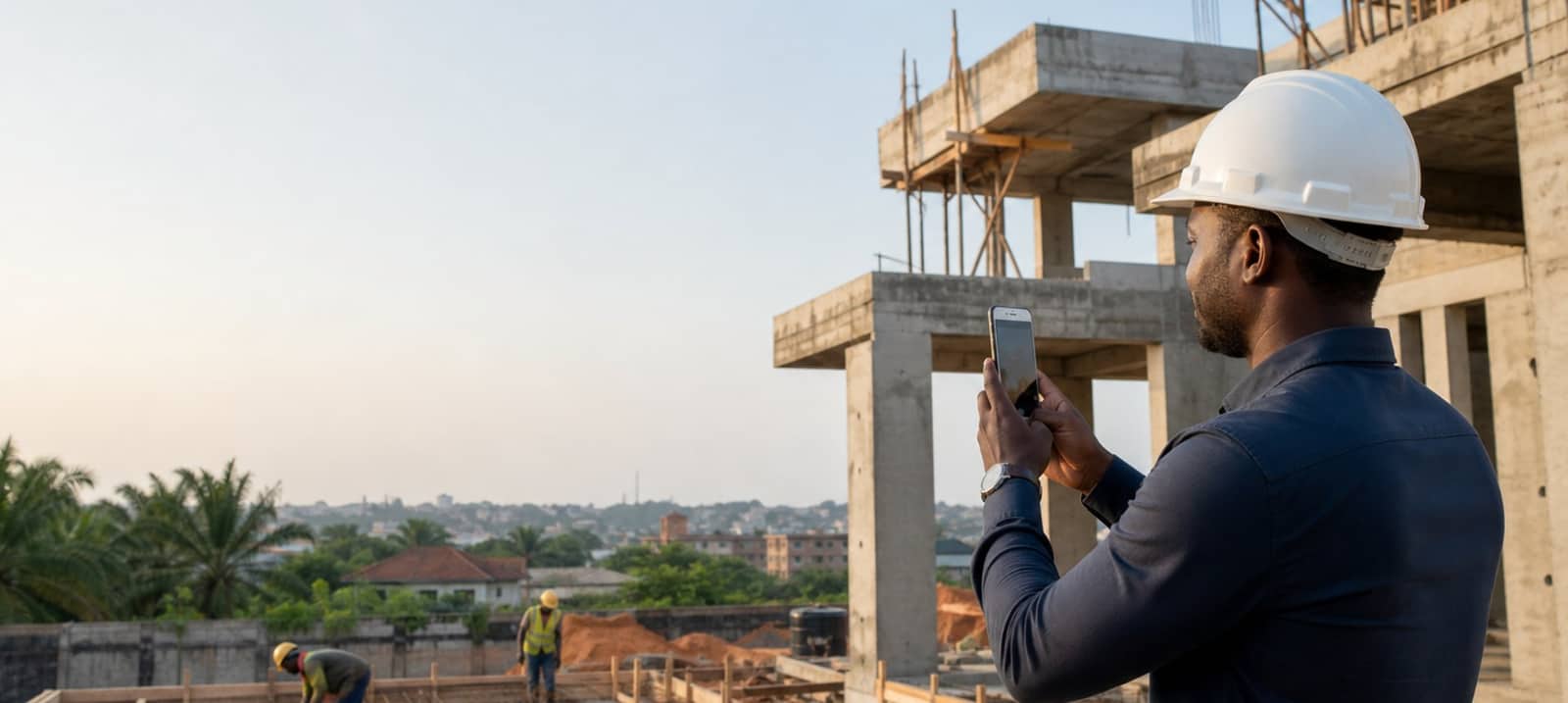 Chef de chantier documentant une construction résidentielle à Abidjan avec son téléphone